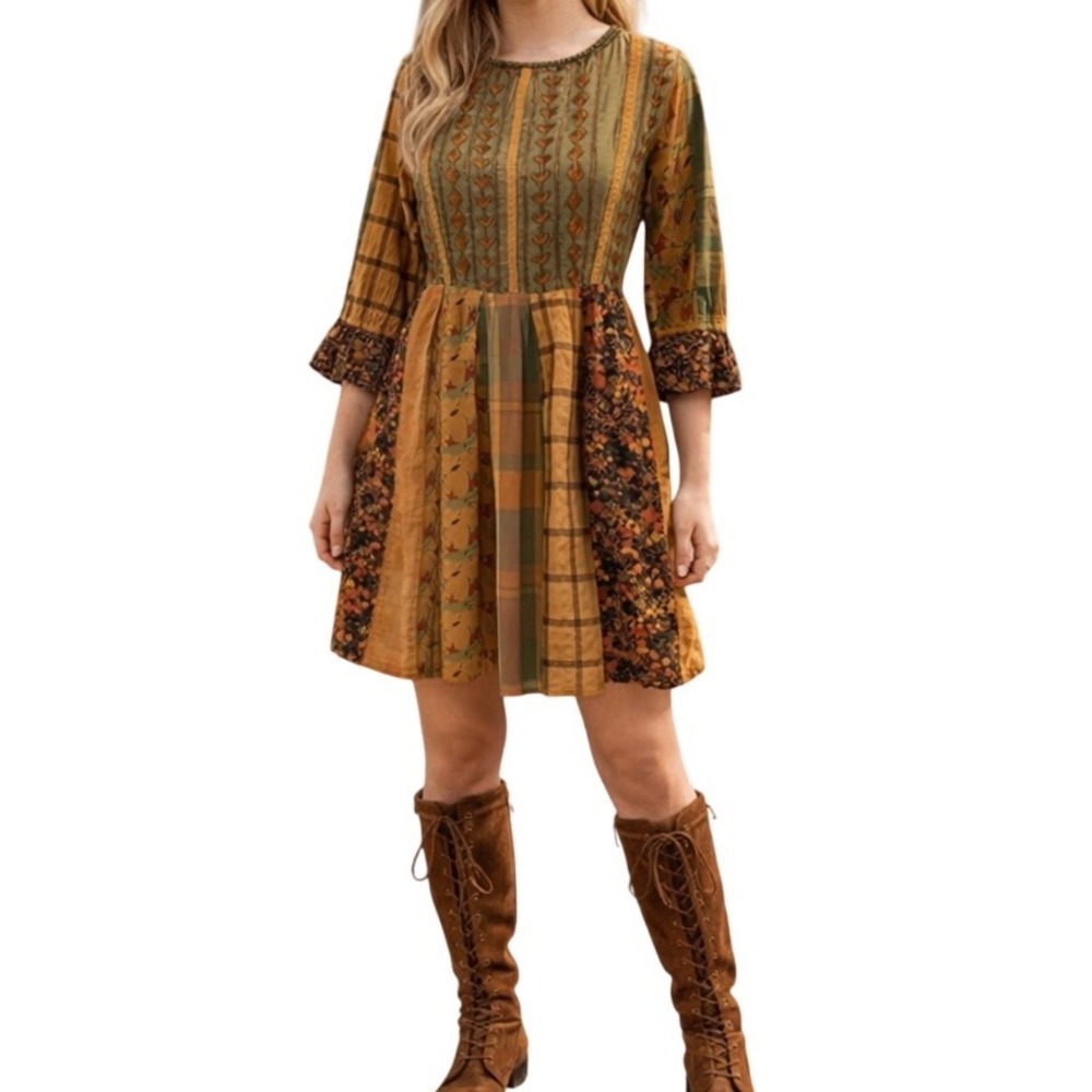 Young Threads Women's Rustic Bohemian Fit and Flare Patchwork Mini Dress Size S